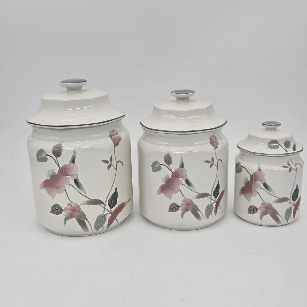 Mikasa Silk Flowers 3 Canisters Set with Lids Made In Malaysia 1980's